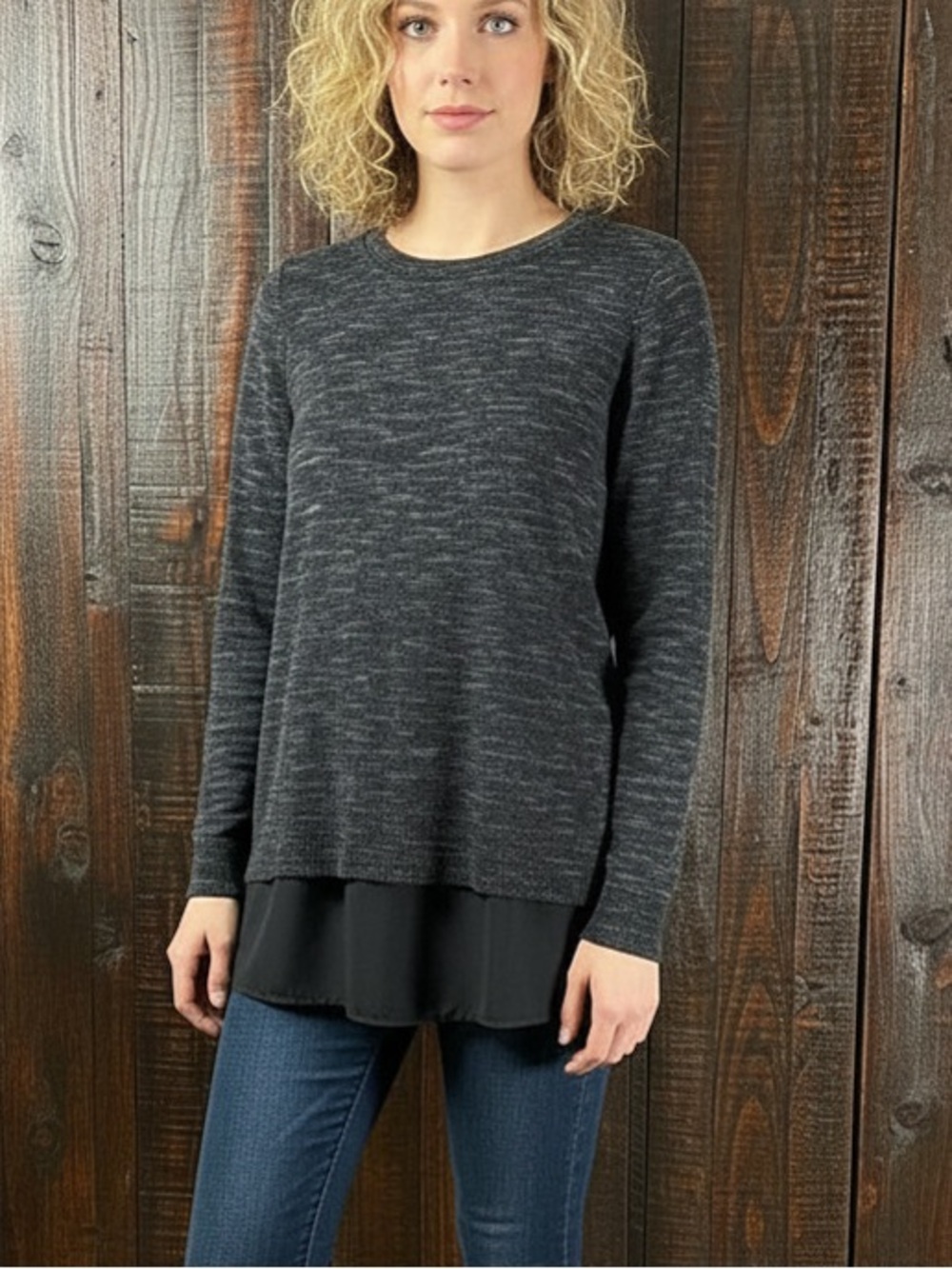 DEX Layered Look Charcoal Knit Pullover Lace-Up Back Small